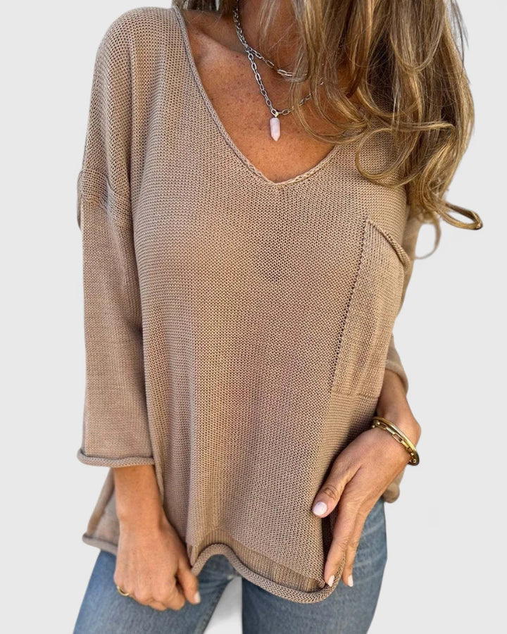 V-Neck Long Sleeve Pocket Loose Knit Sweater 4