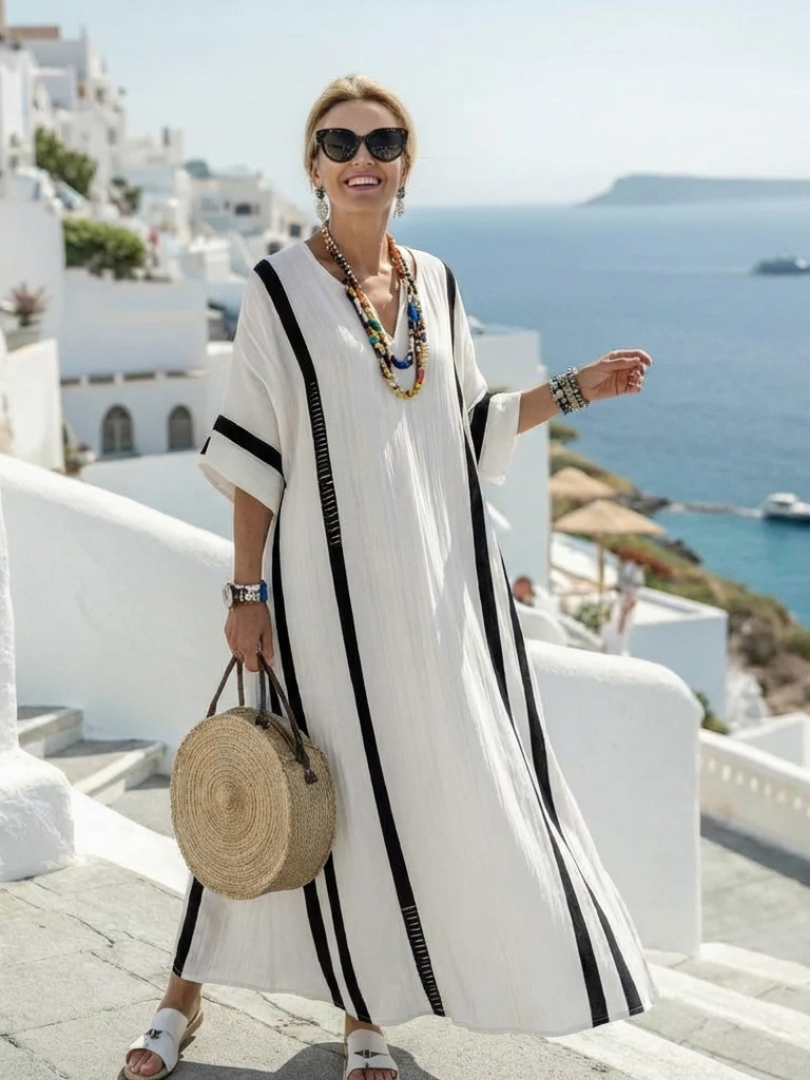Contrast Stripe V-Neck Kaftan Maxi Dress