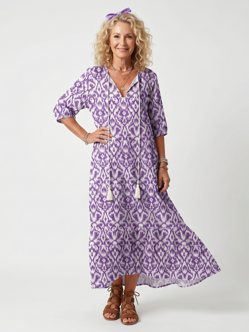 Tassel Tie V-Neck Puff Sleeve Tiered Print Maxi Dress