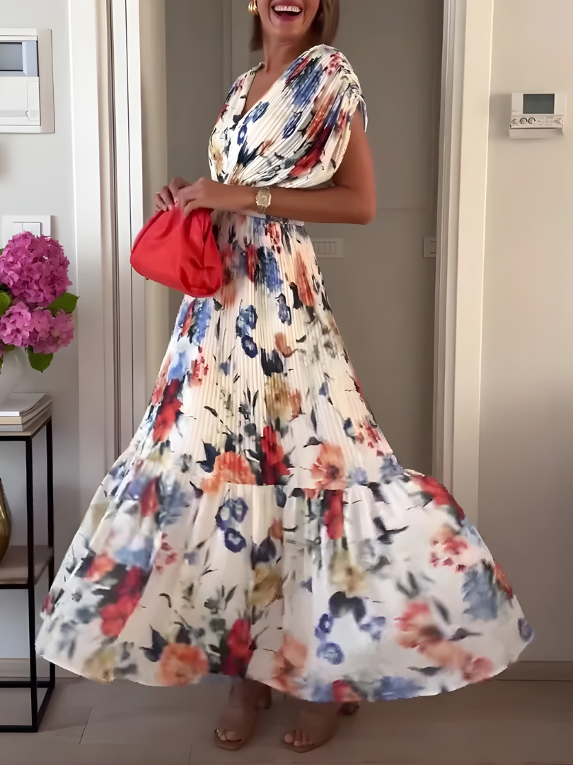 Floral V-Neck Short Sleeve Pleated Tiered Maxi Dress 4