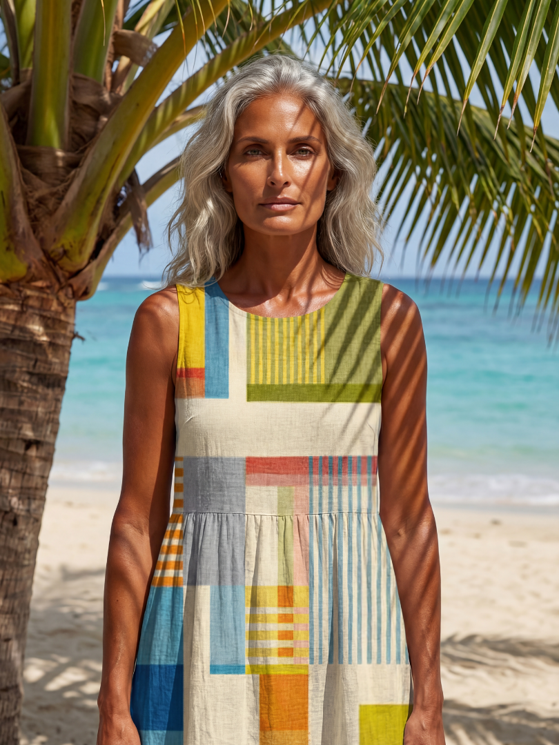 Patchwork Stripe Sleeveless Tiered Midi Dress 2