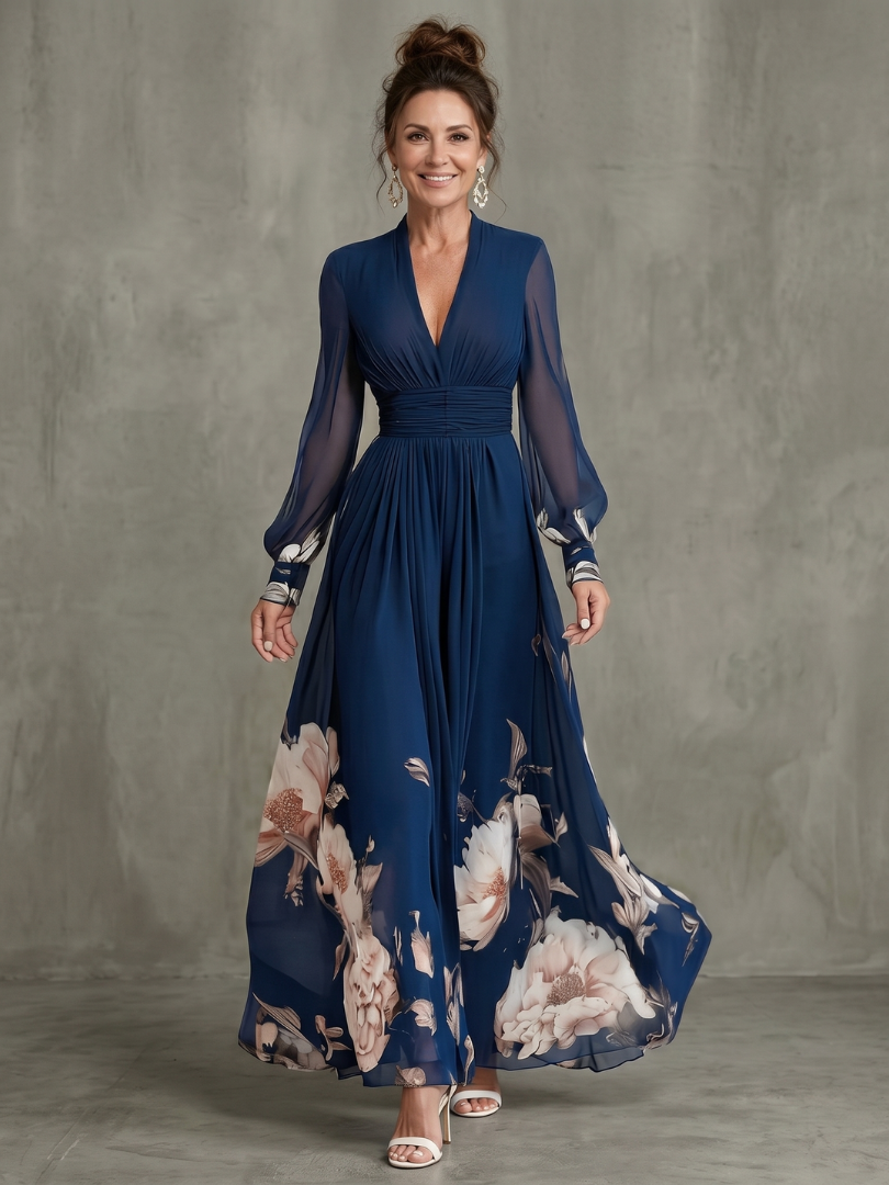 Deep V-Neck Sheer Sleeve Floral Chiffon Maxi Dress