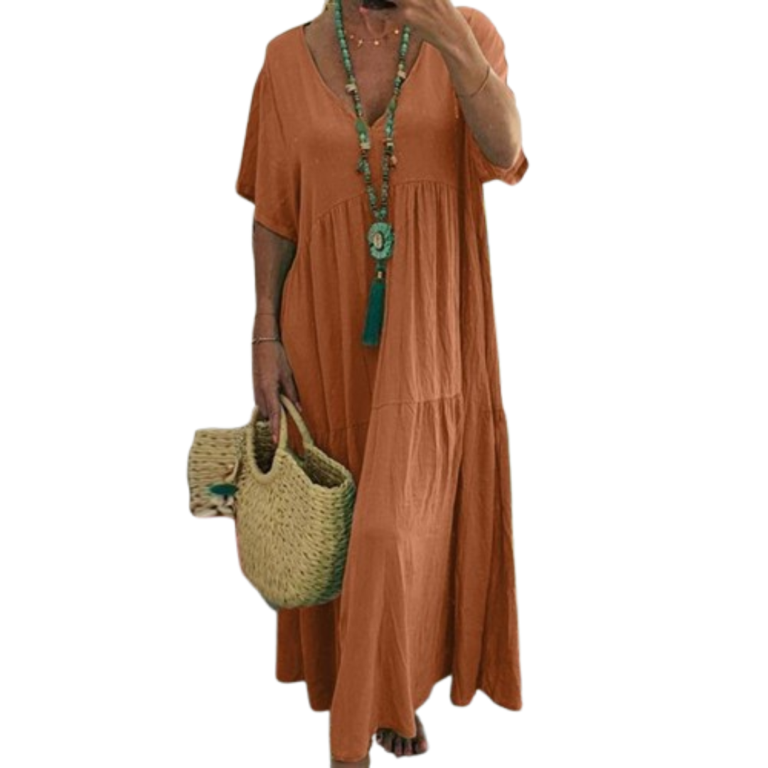 V-Neck Short Sleeve Tiered Boho Maxi Dress