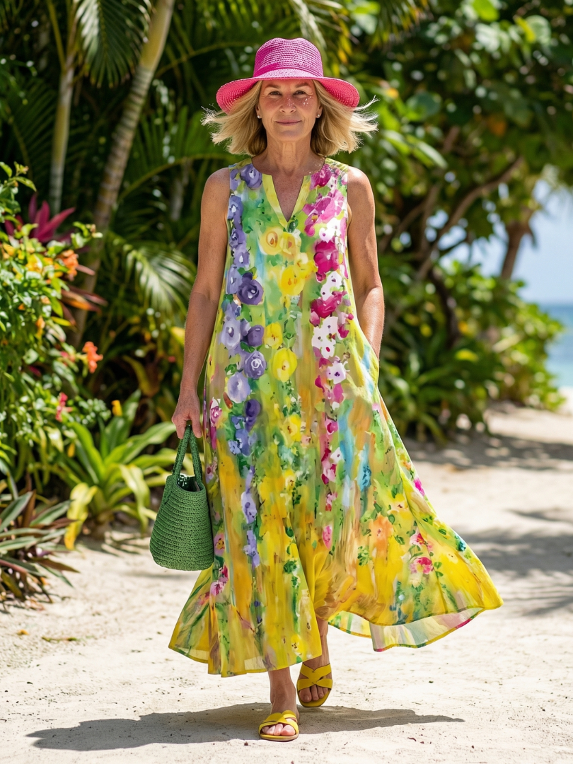Notch Neck Sleeveless Watercolor Floral Maxi Dress