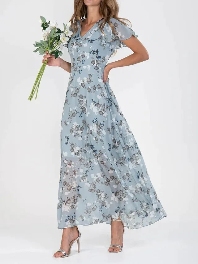 Floral V-Neck Flutter Sleeve Ruffle Maxi Dress 2