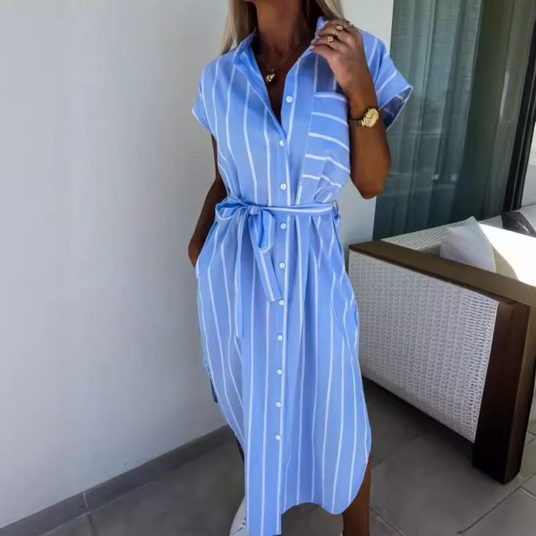 Striped Collared Cap Sleeve Belted Button Front Midi Shirt Dress 3