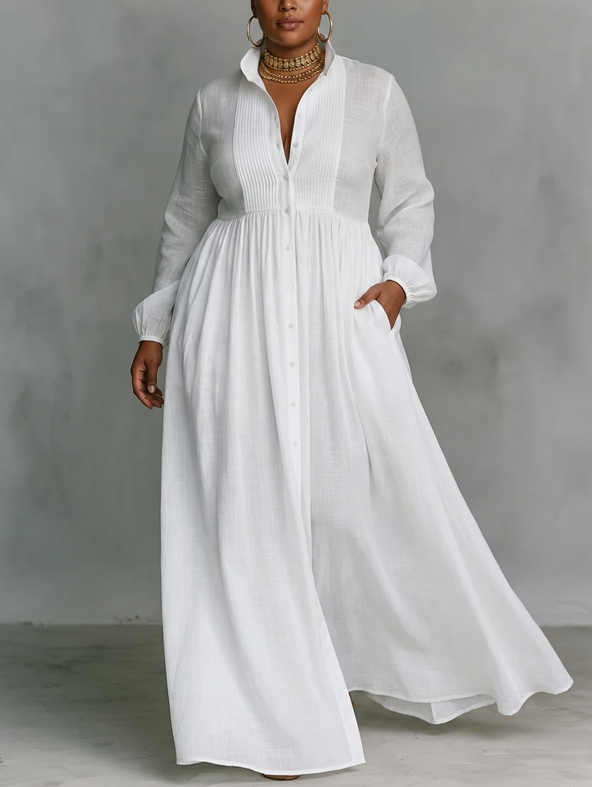 Collared Long Sleeve Button Front Pintuck Shirt Maxi Dress