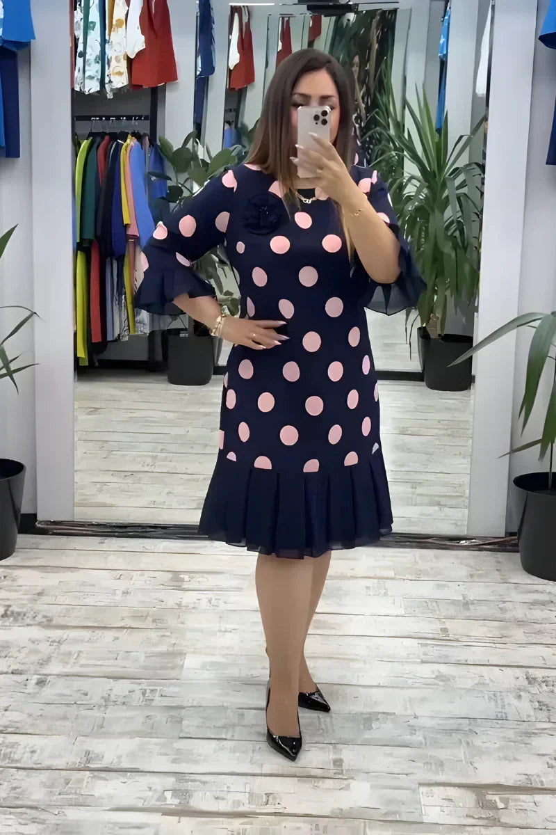 Polka Dot Round Neck Flounce Sleeve Pleated Hem Midi Dress
