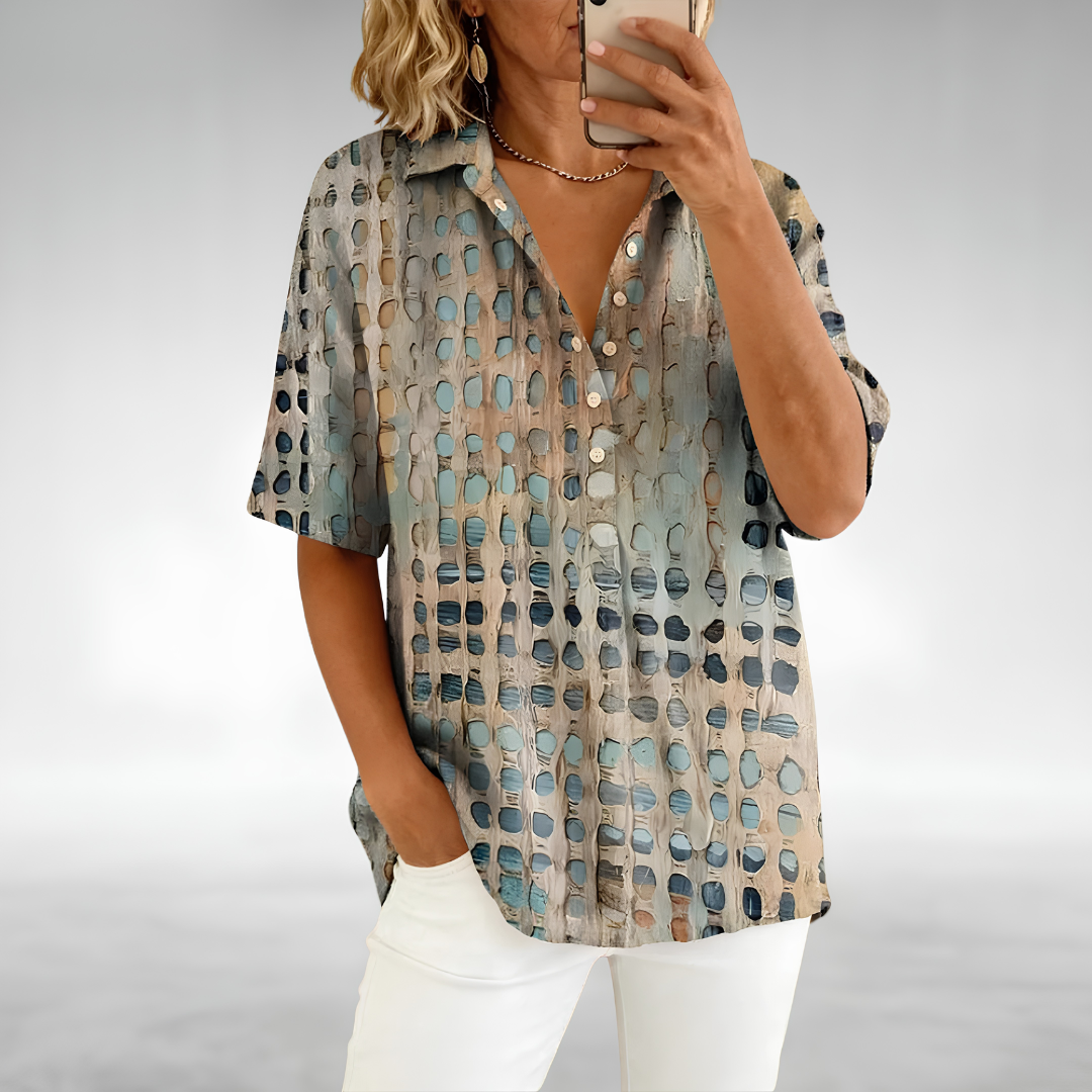 Abstract Print Collared Button Front Short Sleeve Blouse