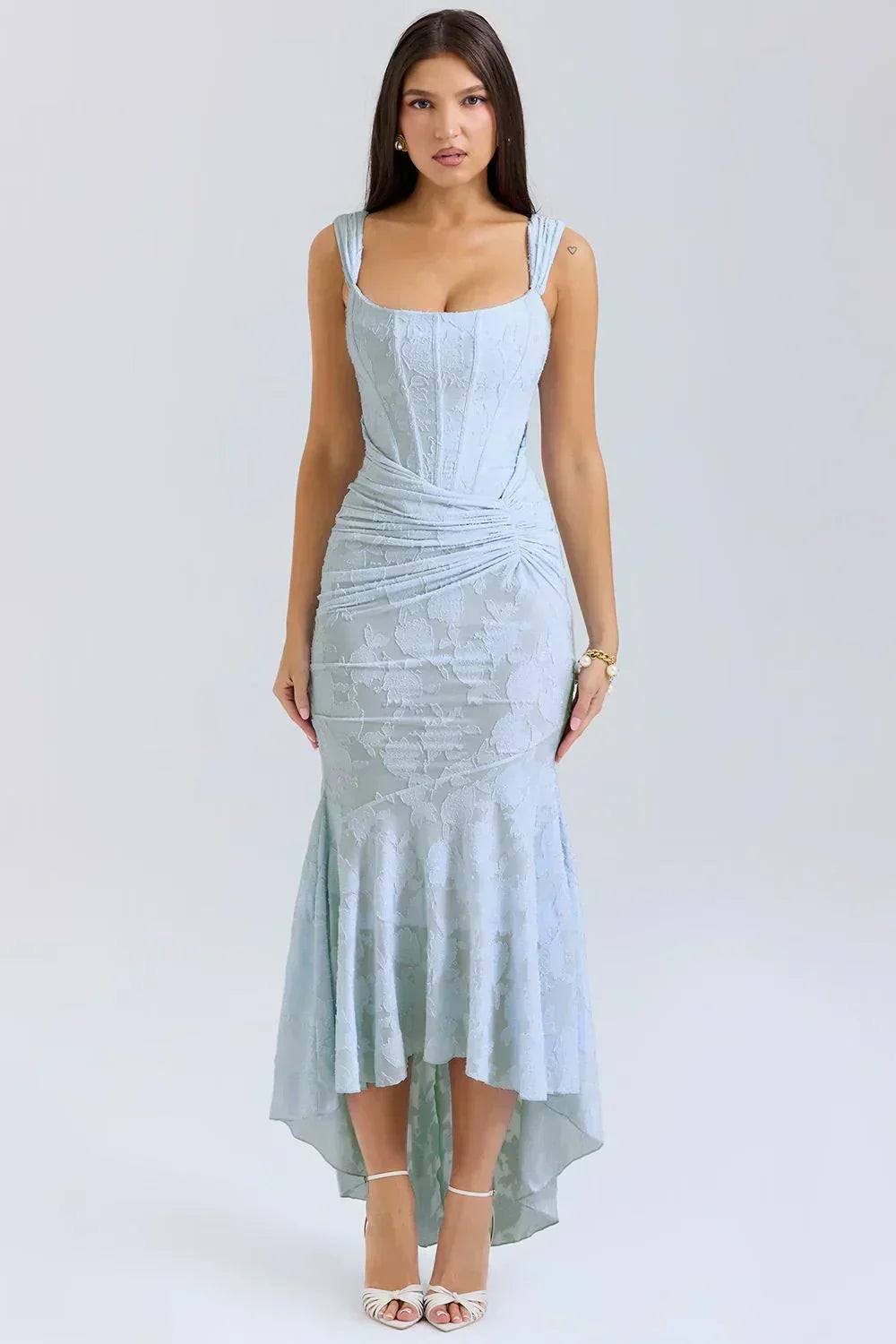 Square Neck Corset High Low Mermaid Maxi Dress 9