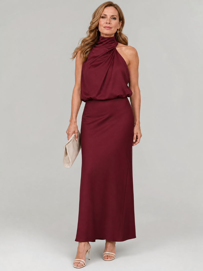 Satin Halter Neck Draped Maxi Dress