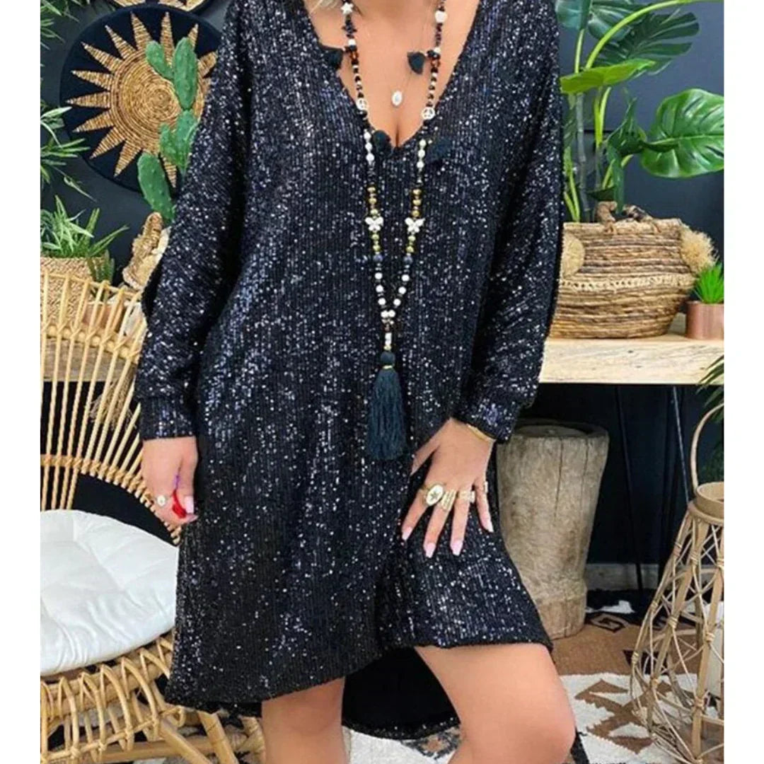 Sequin V-Neck Long Sleeve Shift Mini Dress