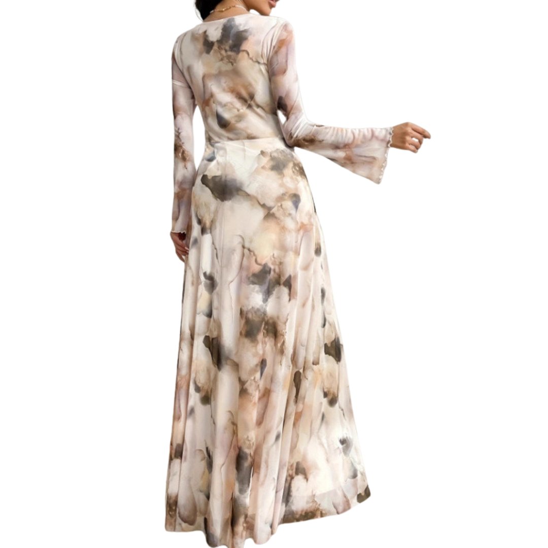 Marble Print Long Sleeve Ruched Waist Maxi Dress 2