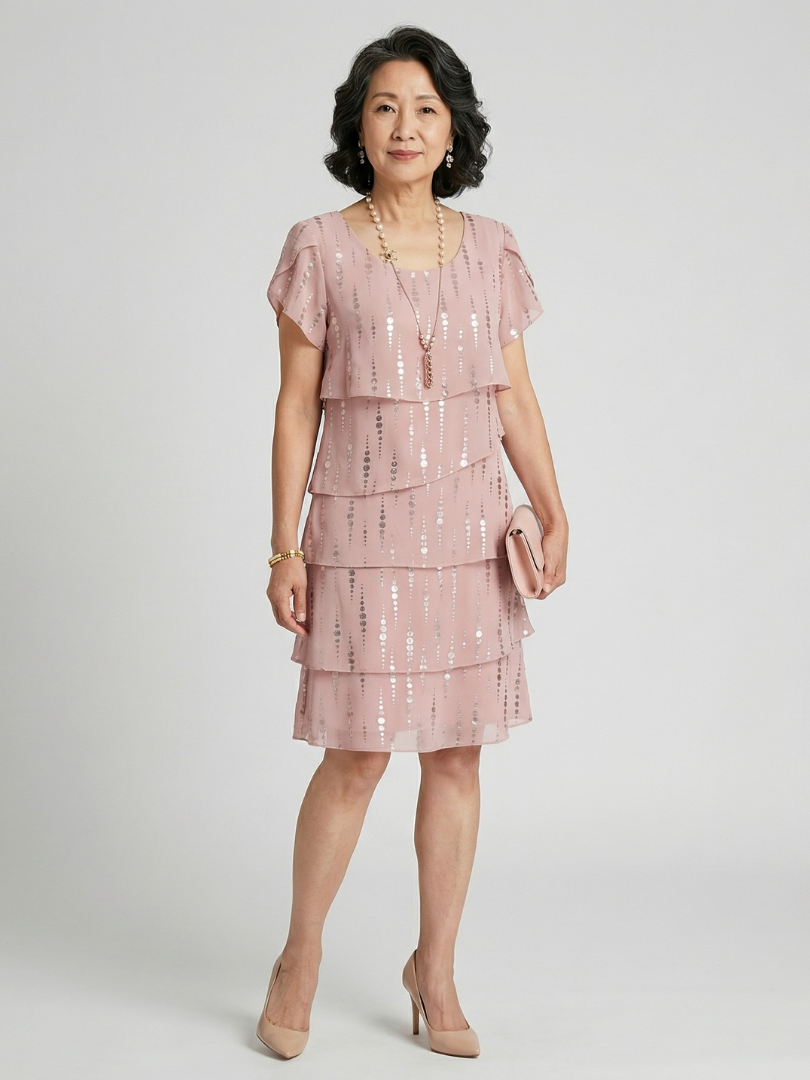 Sequin Embellished Flutter Sleeve Tiered Knee Length Dress