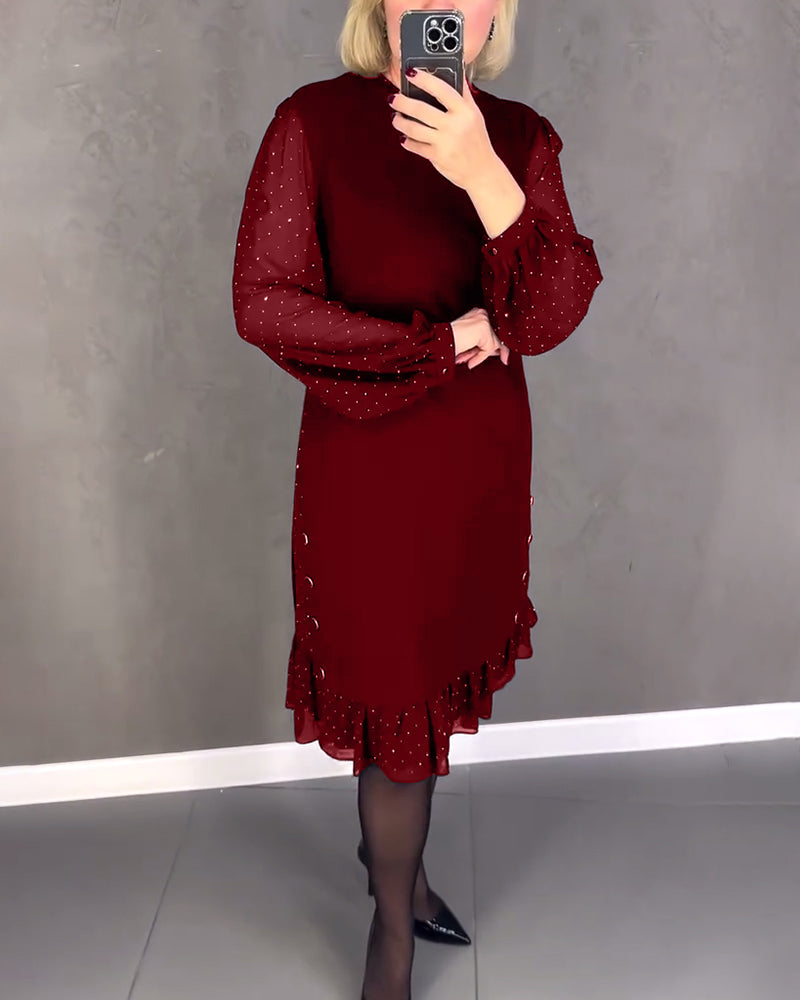 Round Neck Sheer Dot Sleeve Ruffle Hem Shift Midi Dress 11