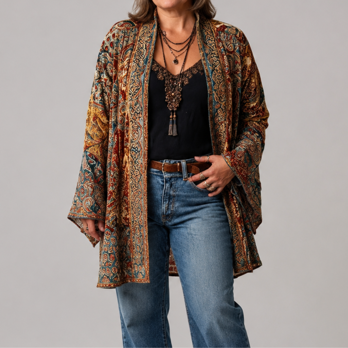 Paisley Print Velvet Open Front Kimono Jacket 6