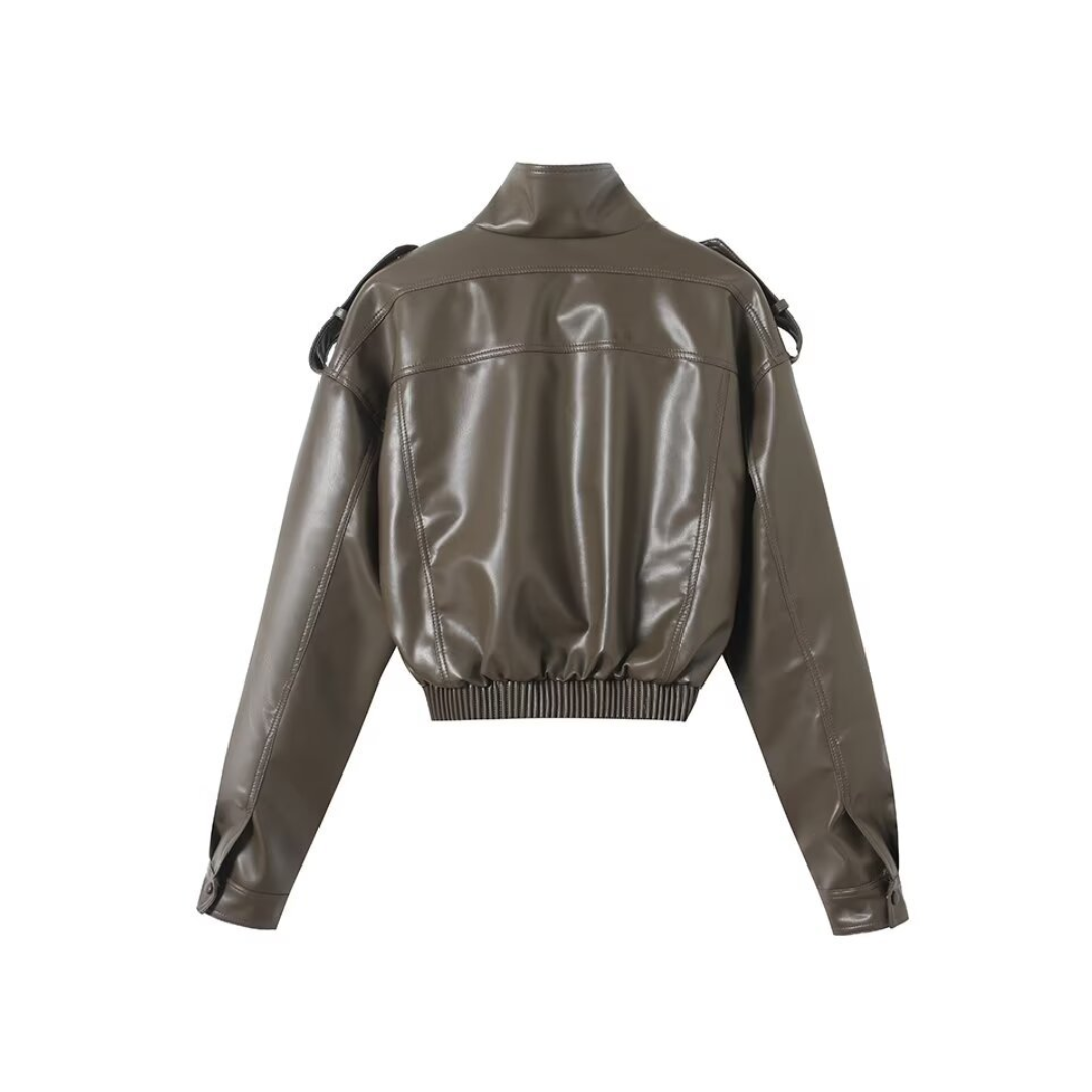 Zip Front Cropped Faux Leather Bomber Jacket 4