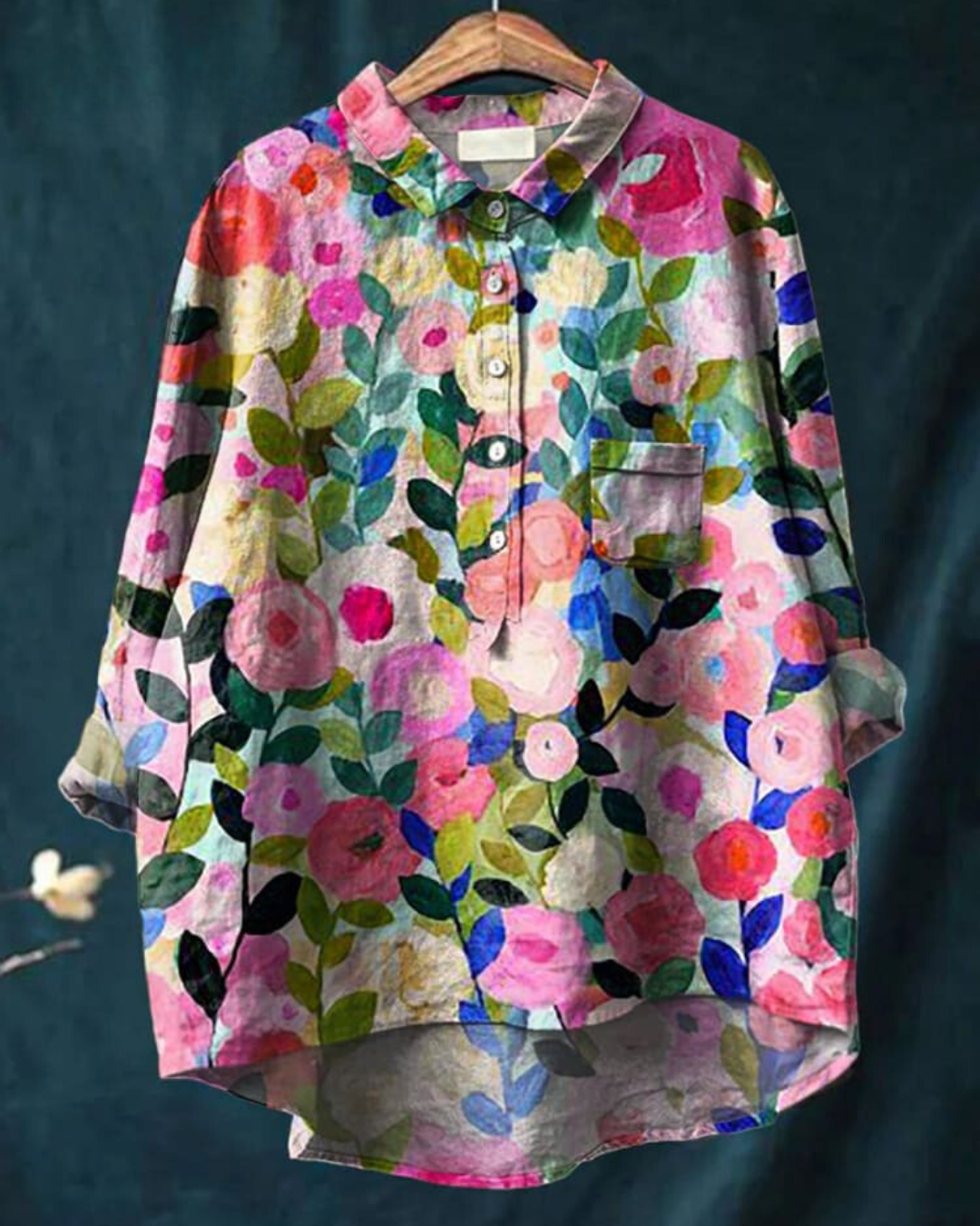 Watercolor Floral Print Long Sleeve Button Blouse