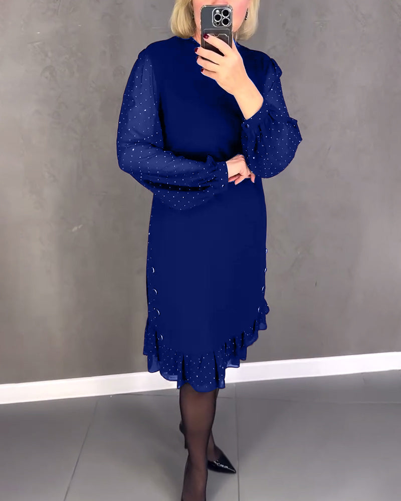 Round Neck Sheer Dot Sleeve Ruffle Hem Shift Midi Dress 15