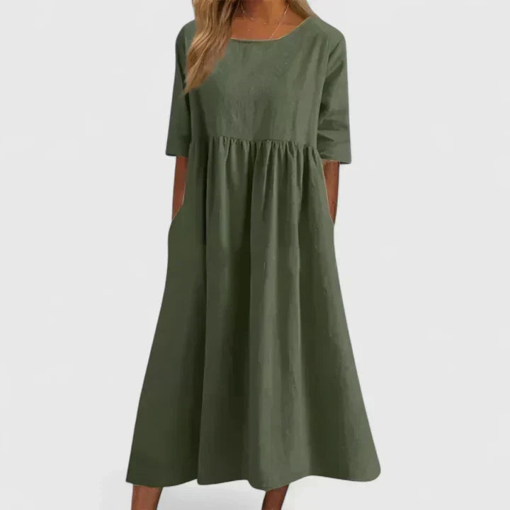 Round Neck Half Sleeve Pocket Smock Midi Dress 6