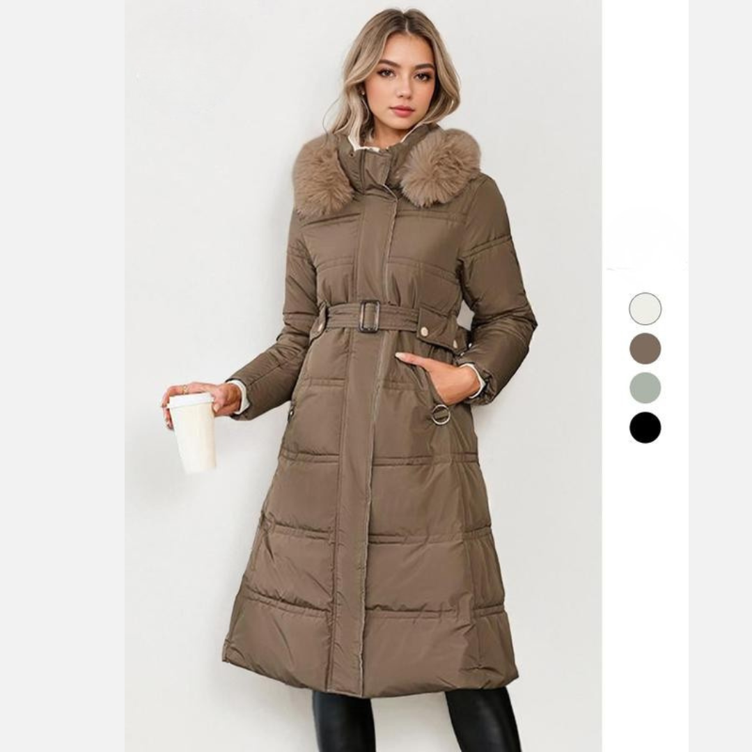 Faux Fur Hood Belted Quilted Longline Puffer Coat