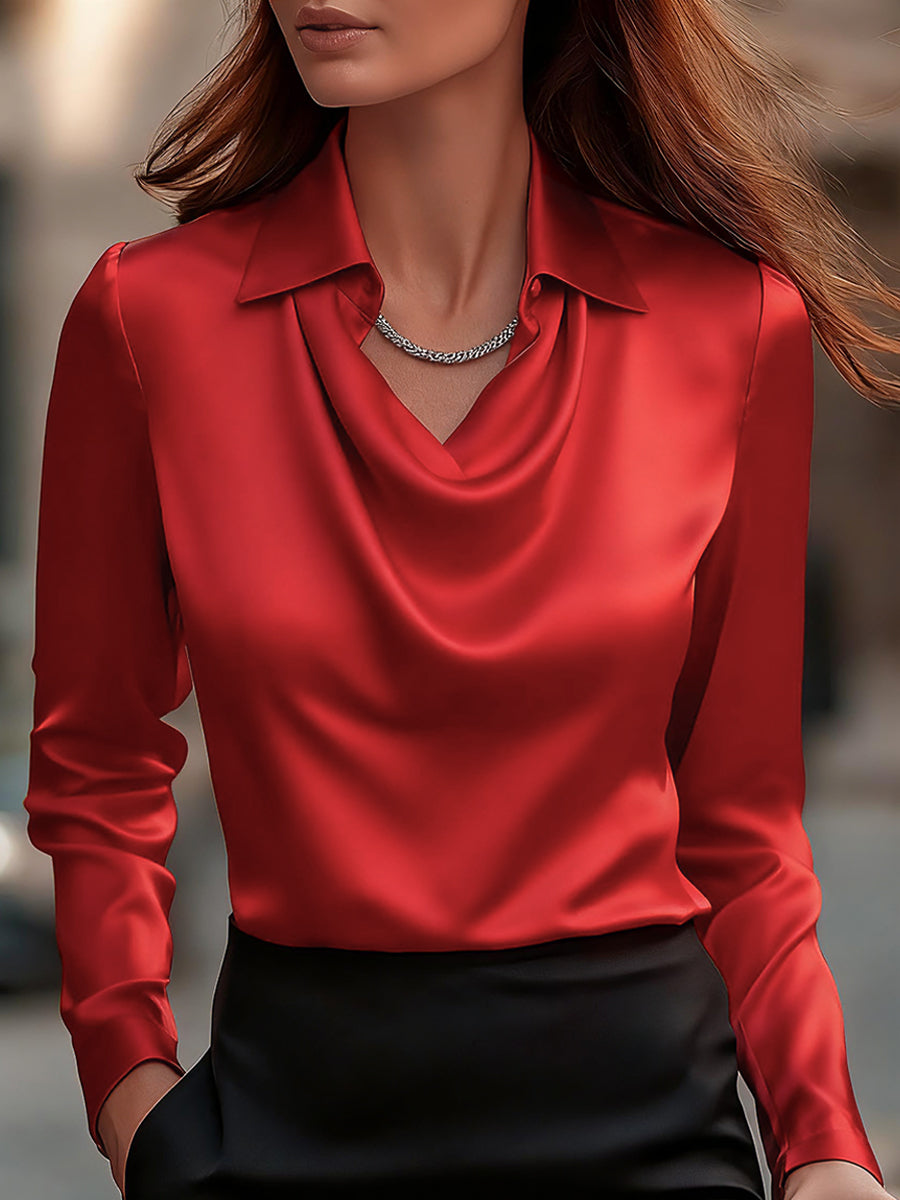 Satin Cowl Neck Collared Long Sleeve Blouse 8