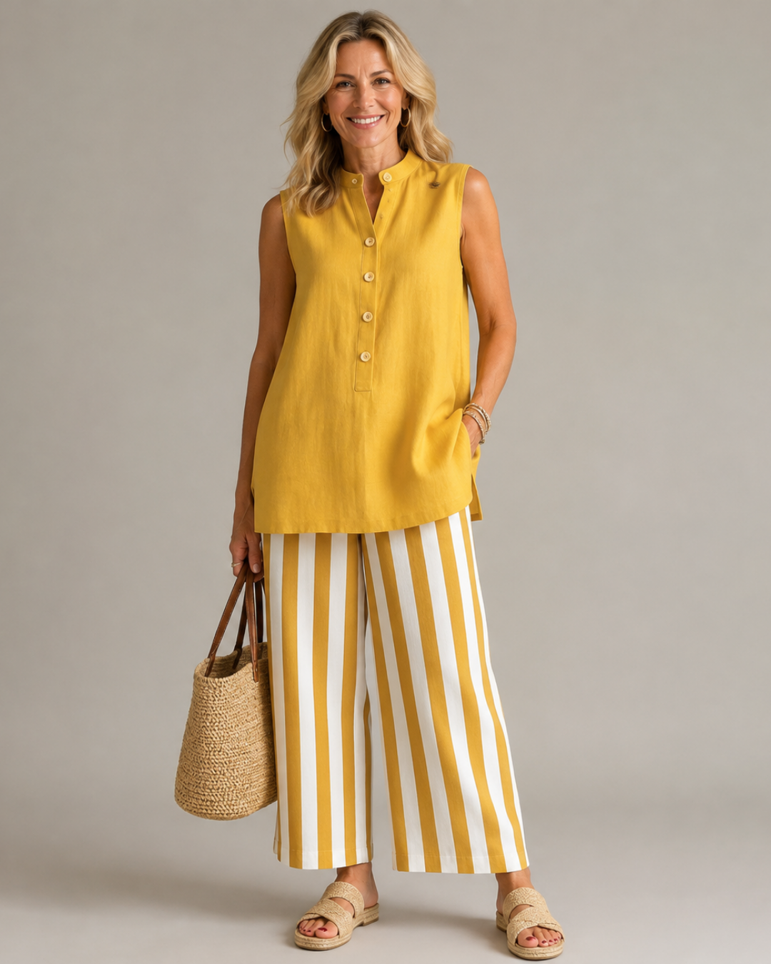 Sleeveless Button Front Tunic and Striped Wide Leg Pants Two Piece Set