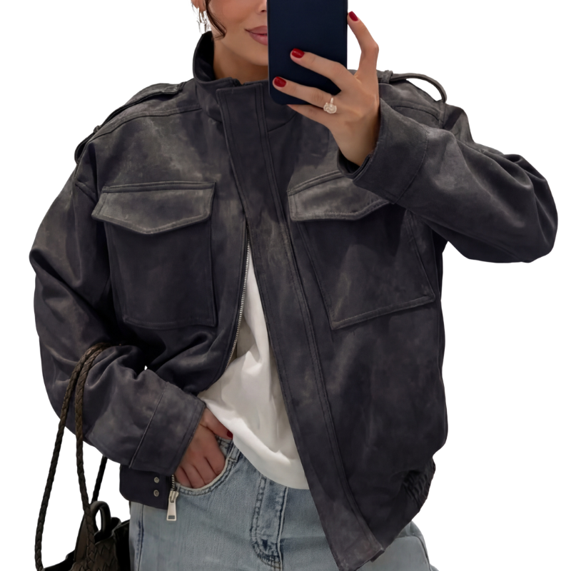Stand Collar Flap Pocket Zip Front Suede Look Bomber Jacket 2