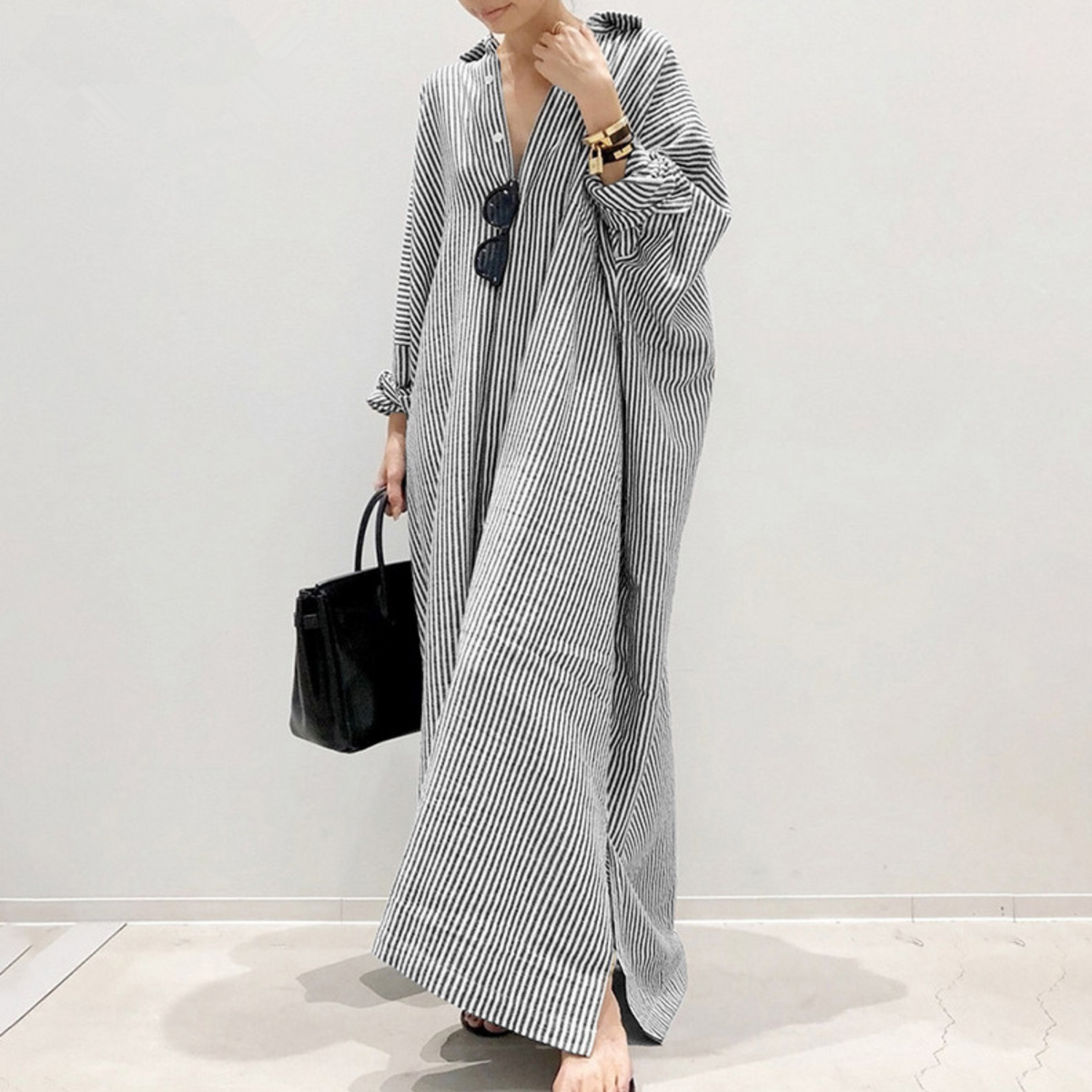 Striped Long Sleeve Button Front Oversized Shirt Maxi Dress 2