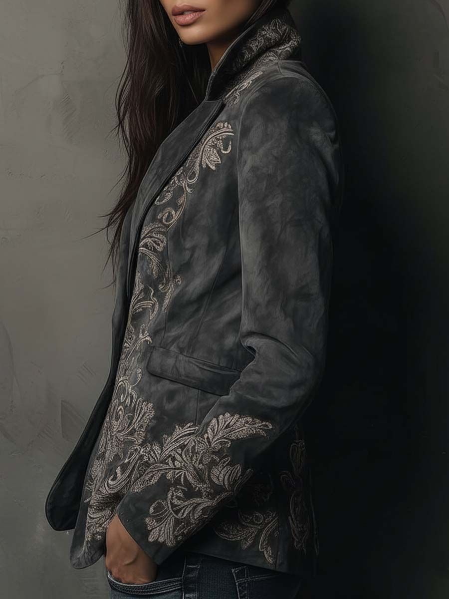 Floral Embossed Suede Look Single Button Blazer 2