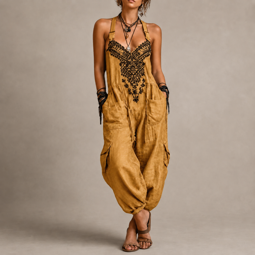 Embroidered Halter Cargo Pocket Wide Leg Jumpsuit 6