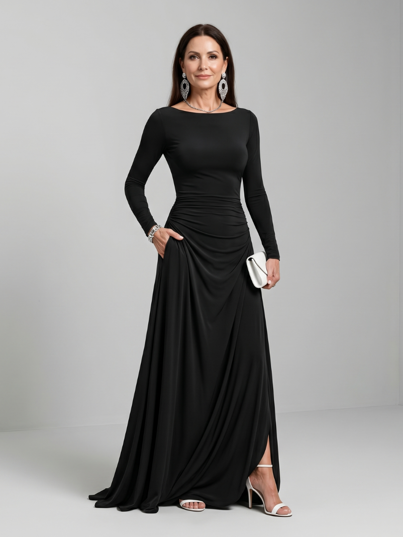 Boat Neck Long Sleeve Ruched High Split Maxi Gown