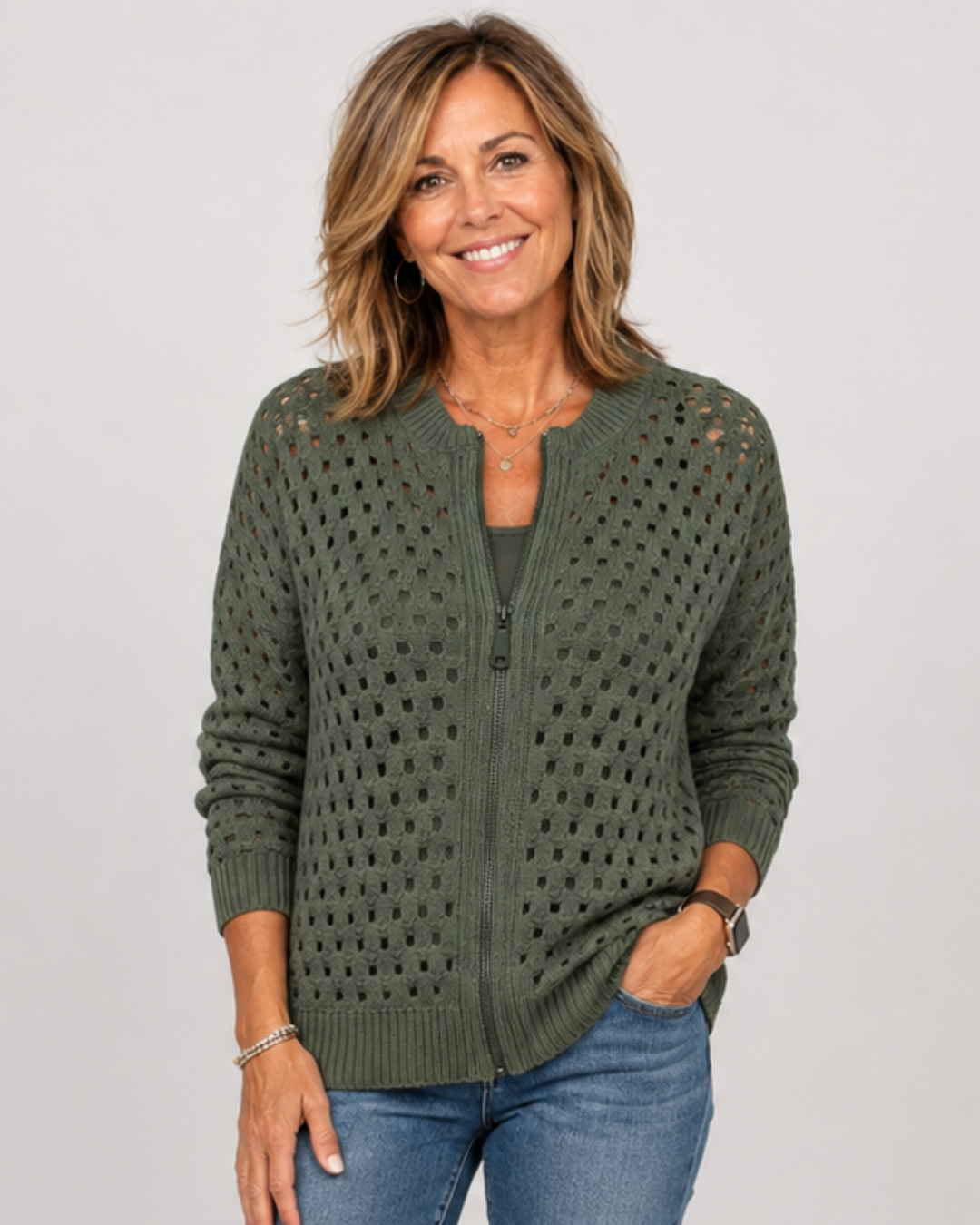 Open Crochet Knit Zip Front Long Sleeve Cardigan 6