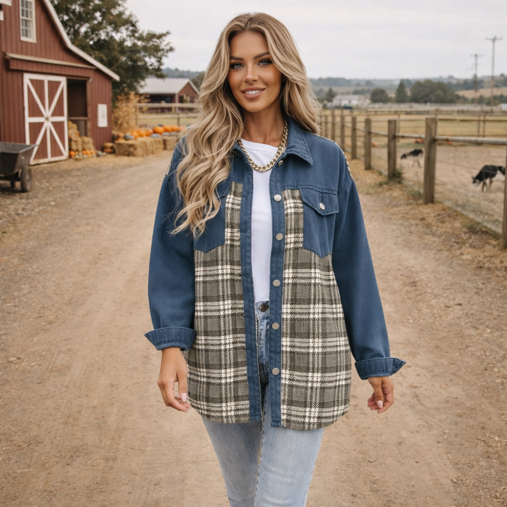 Plaid Patchwork Denim Button Front Shacket 7