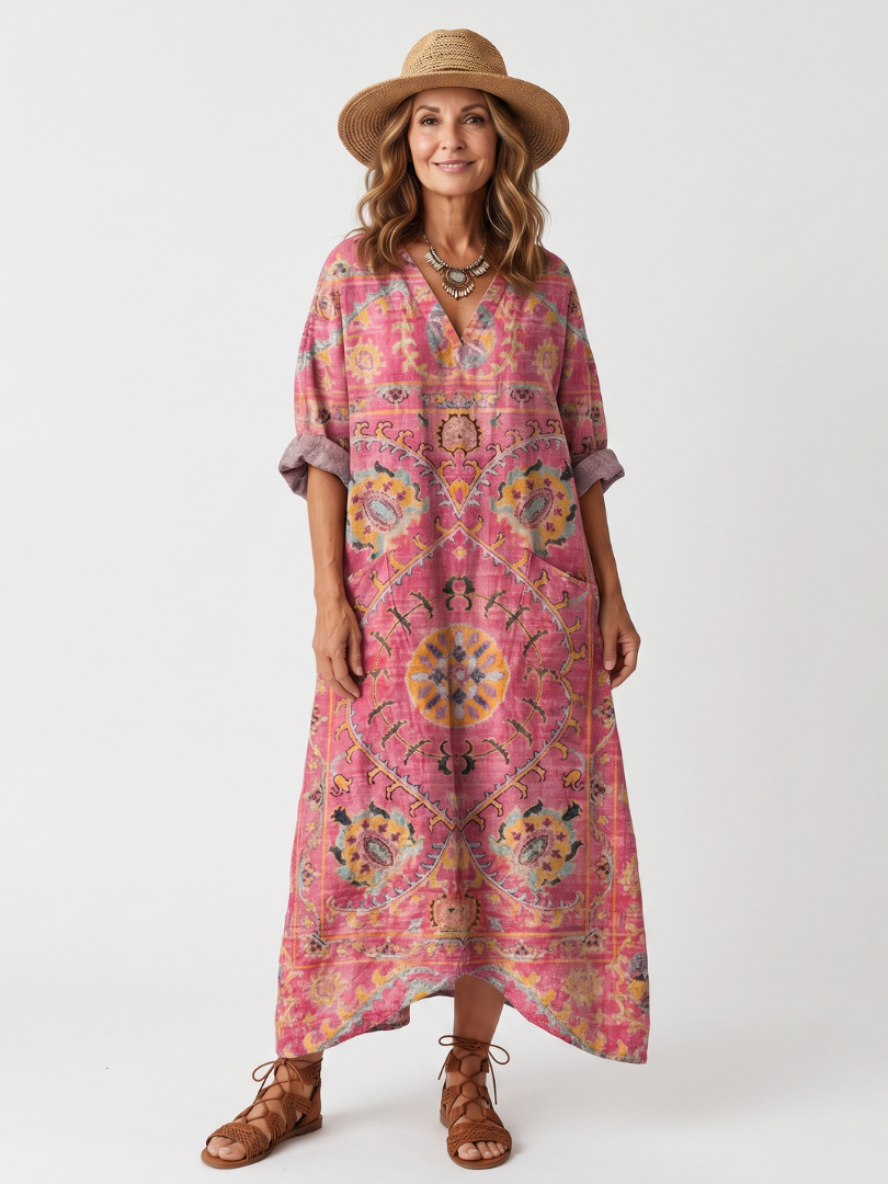 Medallion Print V-Neck Roll Sleeve Kaftan Maxi Dress