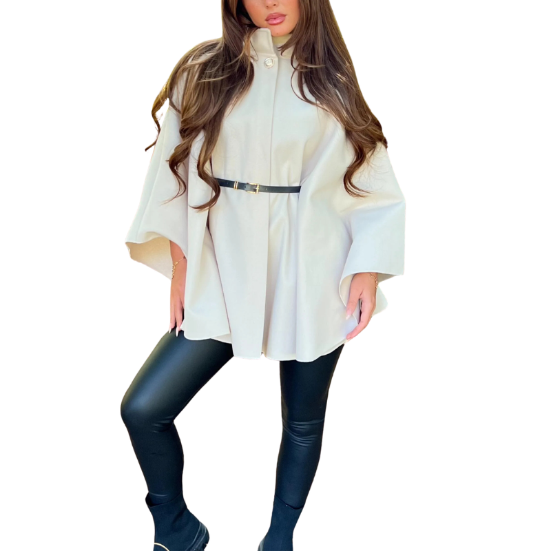 High Neck Belted Button Front Cape Coat