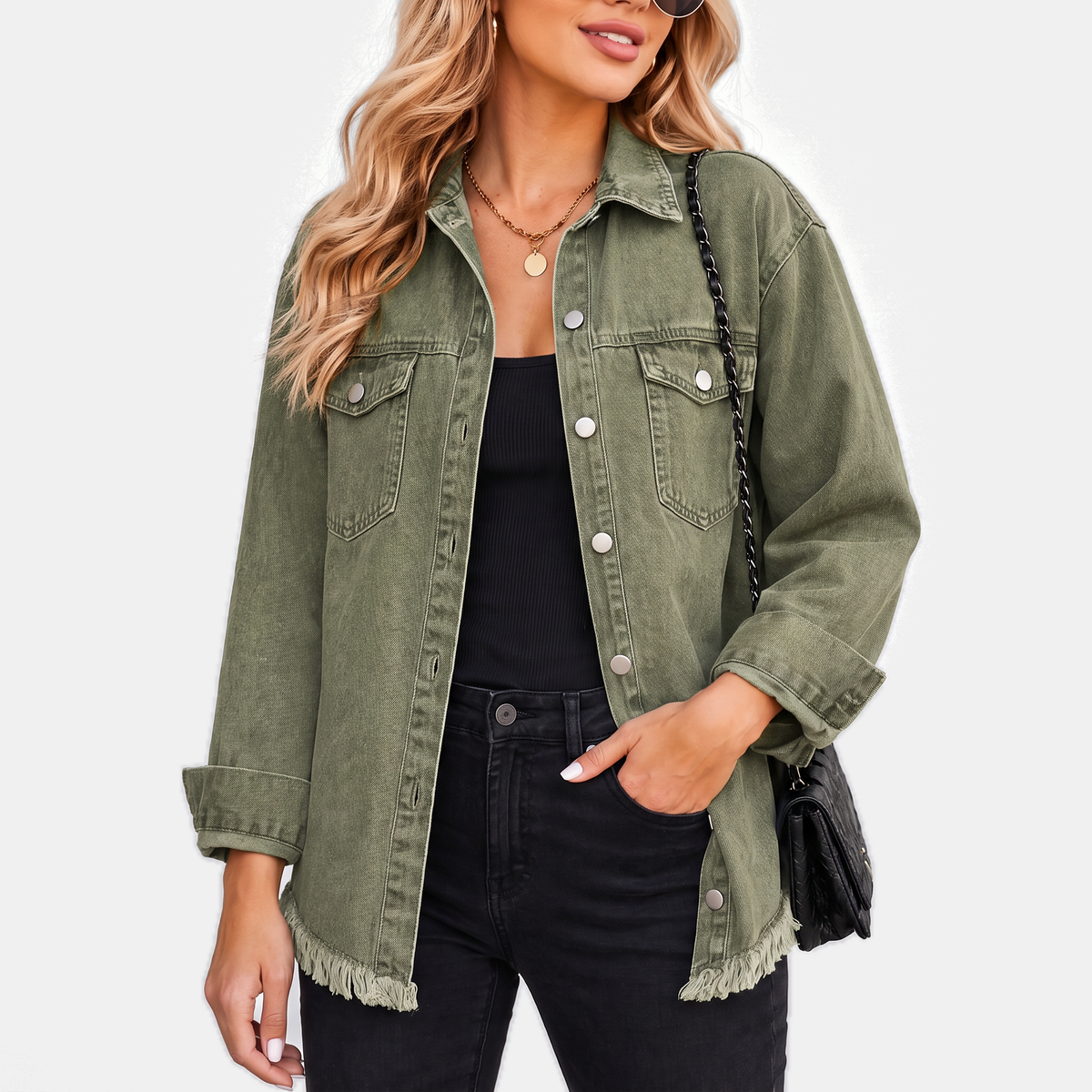 Oversized Frayed Hem Button Front Denim Shacket 8