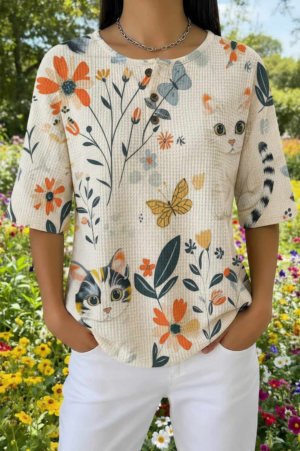 Floral Cat Butterfly Print Waffle Knit Short Sleeve Top