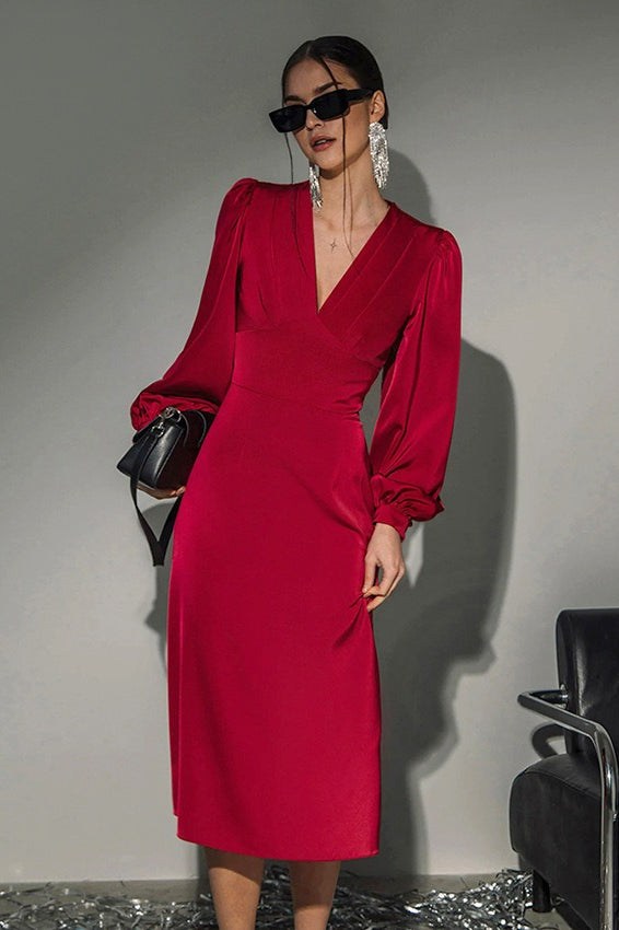 Satin Deep V-Neck Puff Sleeve Ruched Mermaid Midi Dress - View 2