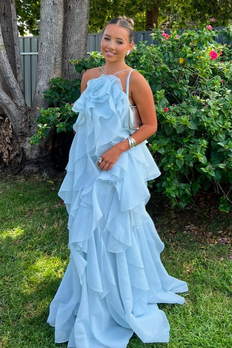 3D Floral Halter Neck Tiered Ruffle Maxi Gown - View 2