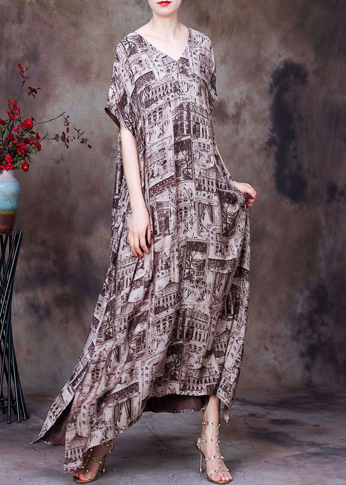 Architectural Print V-Neck Short Sleeve Oversized Maxi Dress