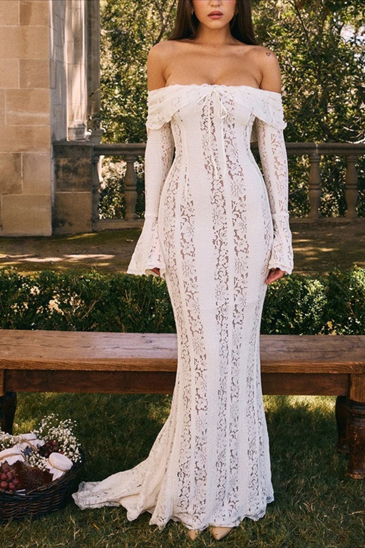 Lace Off Shoulder Long Sleeve Sheer Mermaid Maxi Dress