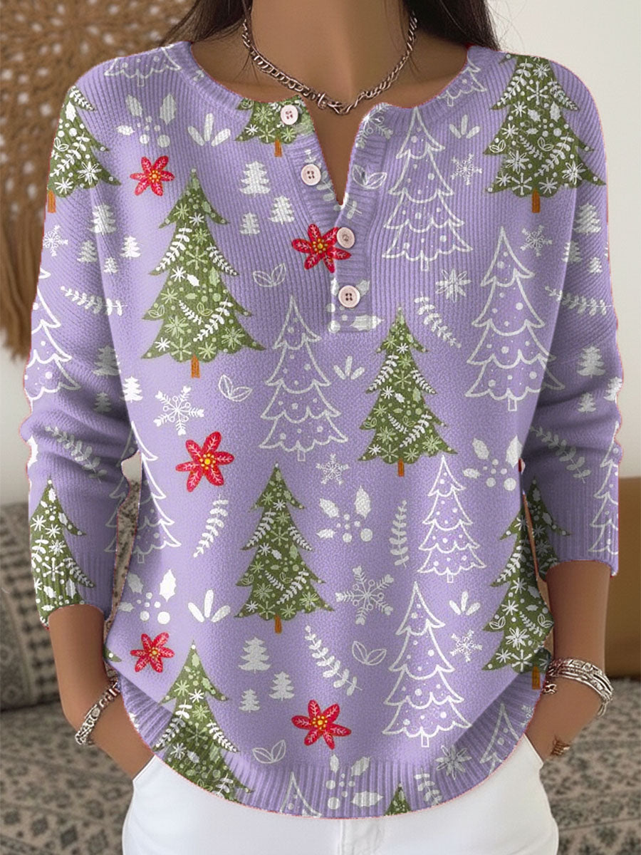 Christmas Tree Print Button Henley Waffle Knit Top 5