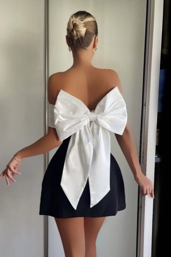 Off Shoulder Bustier Bow Back Fit and Flare Mini Dress - View 2