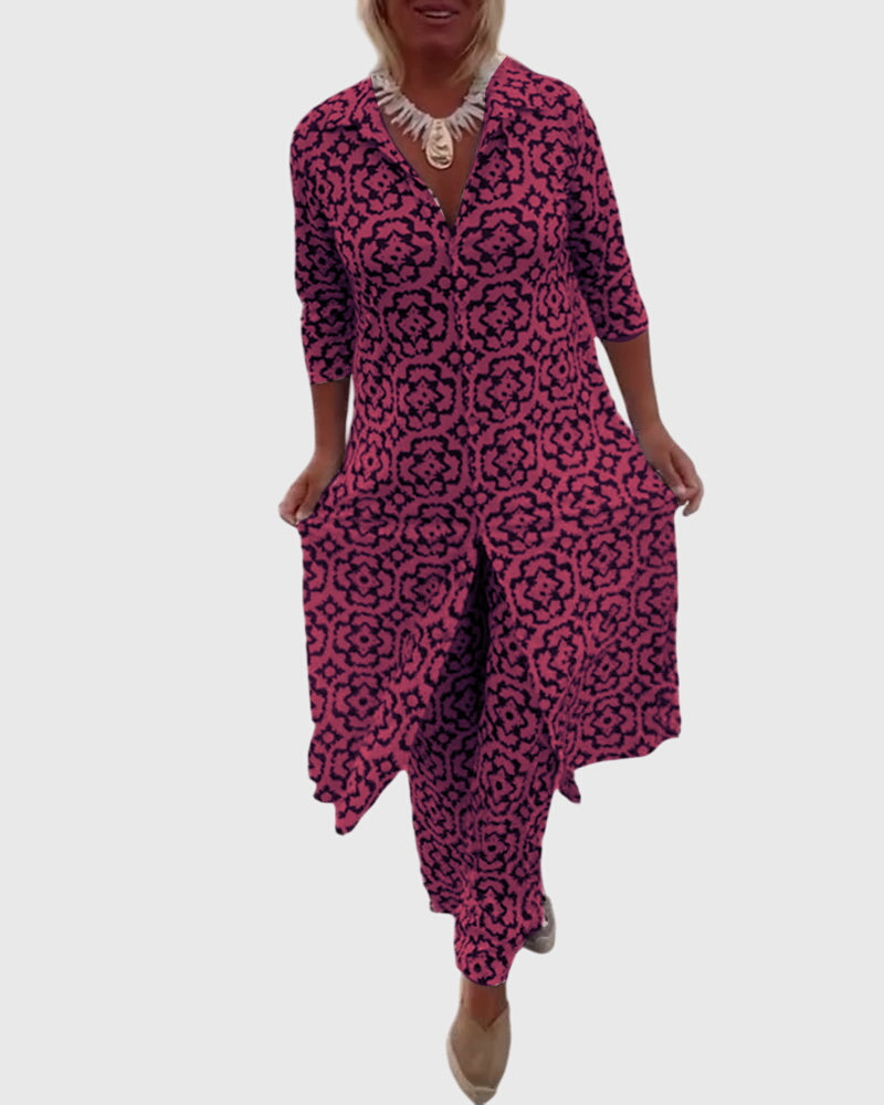 Medallion Print Collared Half Sleeve Tunic and Wide Leg Pants Two Piece Set 9