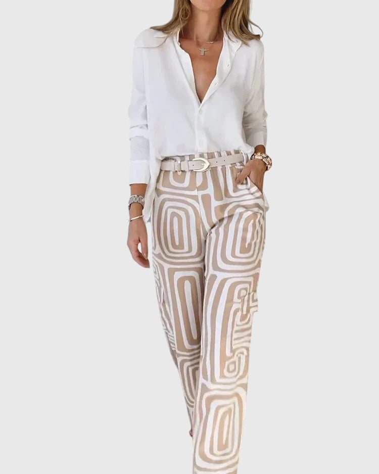 Long Sleeve Shirt and Geometric Print Wide Leg Pants Two Piece Set 2