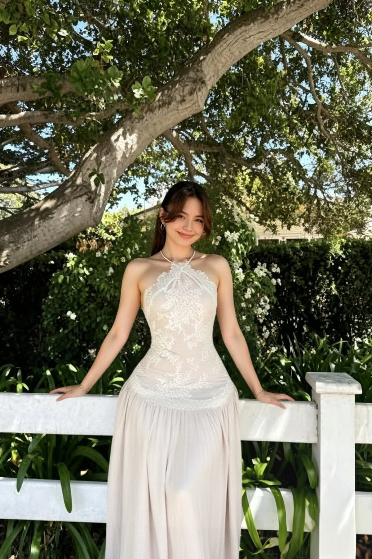 Halter Neck Floral Lace Backless Dropped Waist Maxi Dress - View 4