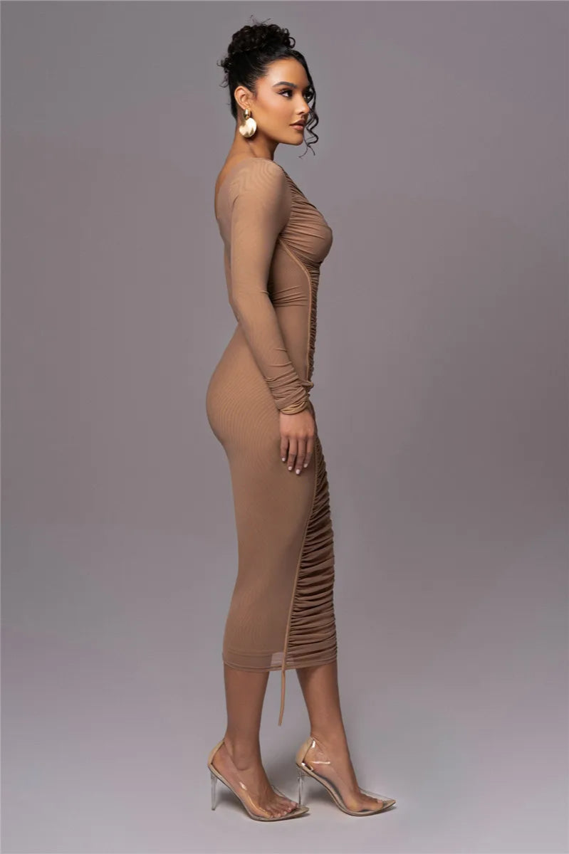 Diagonal Collar Mesh Midi Dress - View 6
