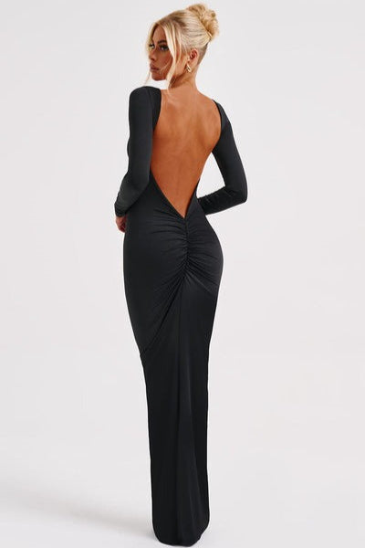 Long Sleeve Open Back Ruched Bodycon Mermaid Maxi Dress - View 16