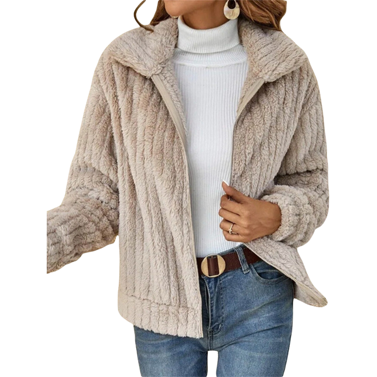 Fuzzy Fleece Lapel Collar Open Front Jacket 4